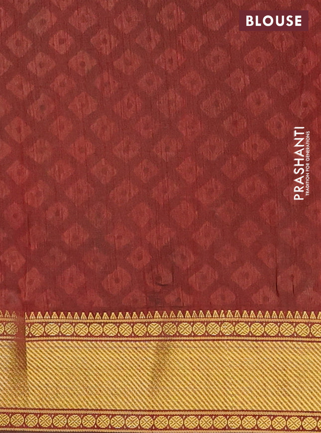 Semi tussar saree green and maroon with allover ikat prints and zari woven border