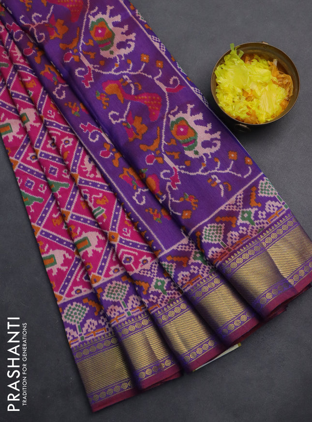 Semi tussar saree pink and violet with allover ikat prints and zari woven border