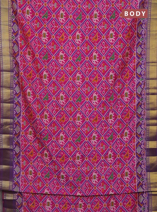 Semi tussar saree pink and violet with allover ikat prints and zari woven border