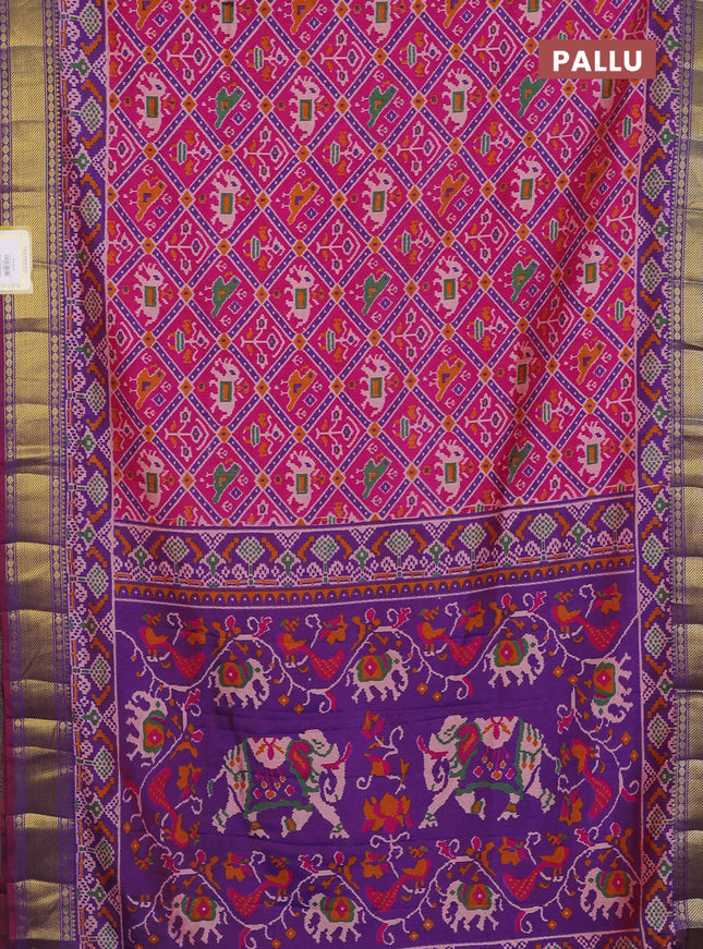 Semi tussar saree pink and violet with allover ikat prints and zari woven border