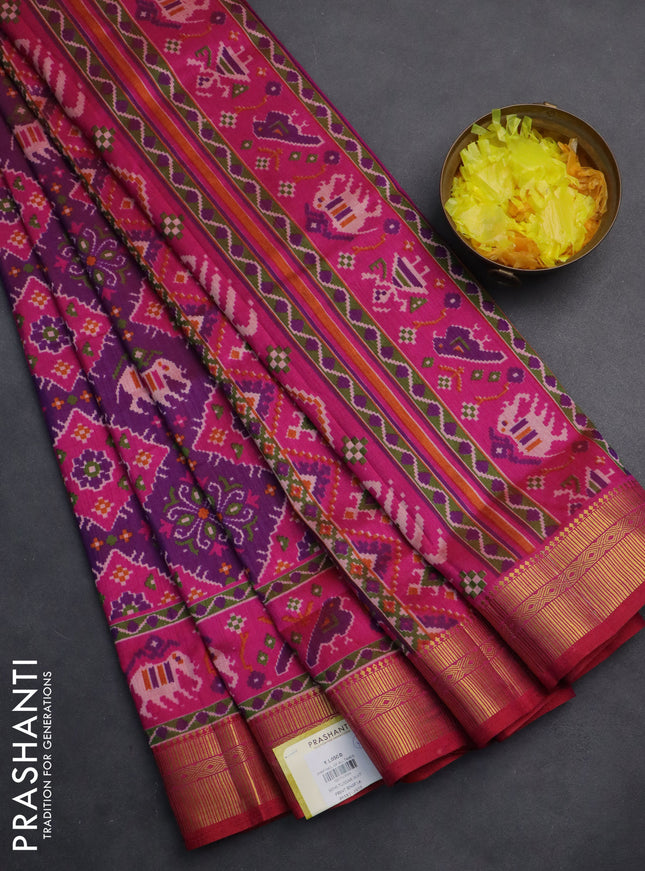 Semi tussar saree purple and pink with allover ikat prints and zari woven border