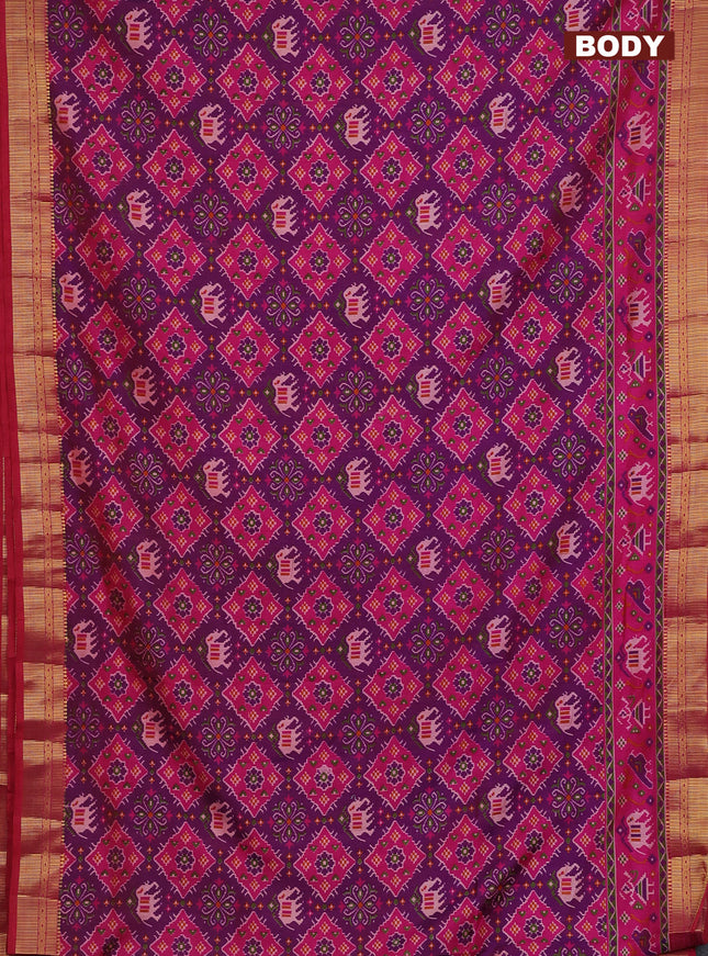 Semi tussar saree purple and pink with allover ikat prints and zari woven border