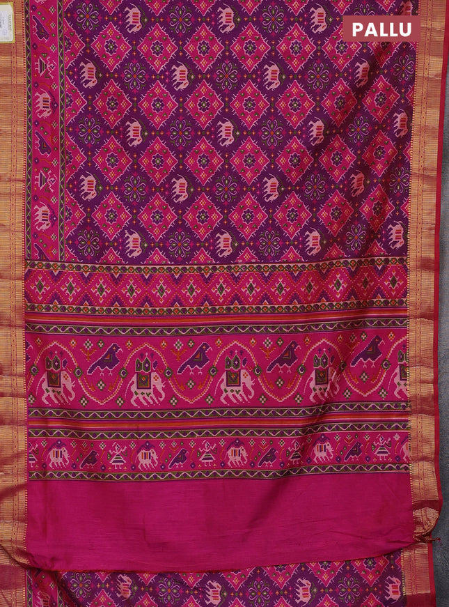 Semi tussar saree purple and pink with allover ikat prints and zari woven border