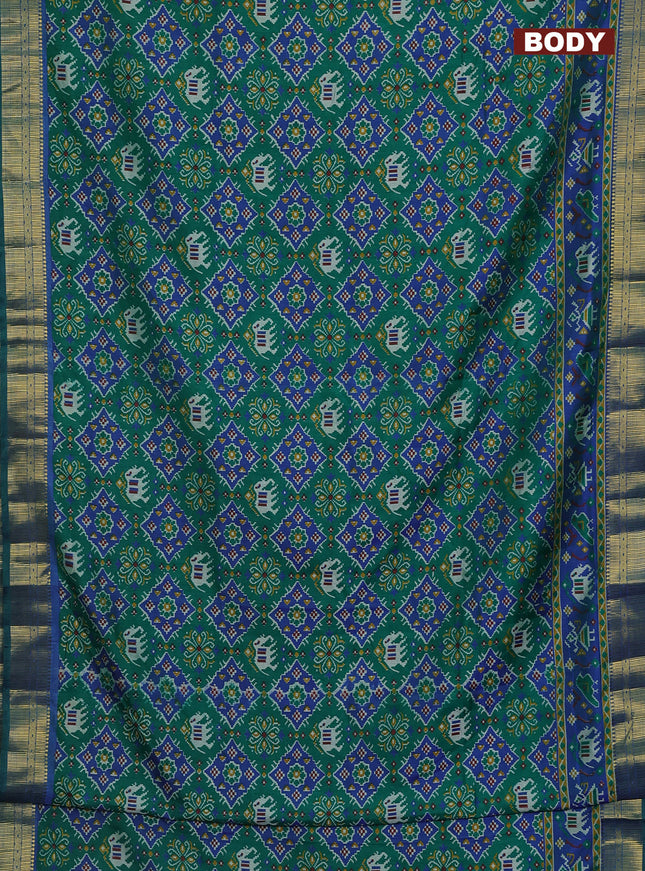 Semi tussar saree green and blue with allover ikat prints and zari woven border