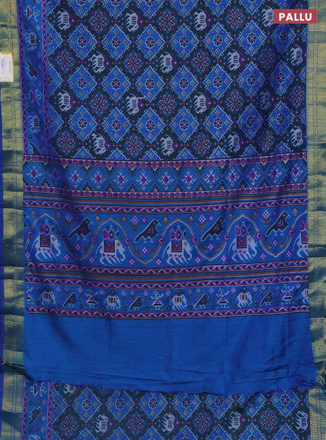 Semi tussar saree dual shade of bluish green and cs blue with allover ikat prints and zari woven border