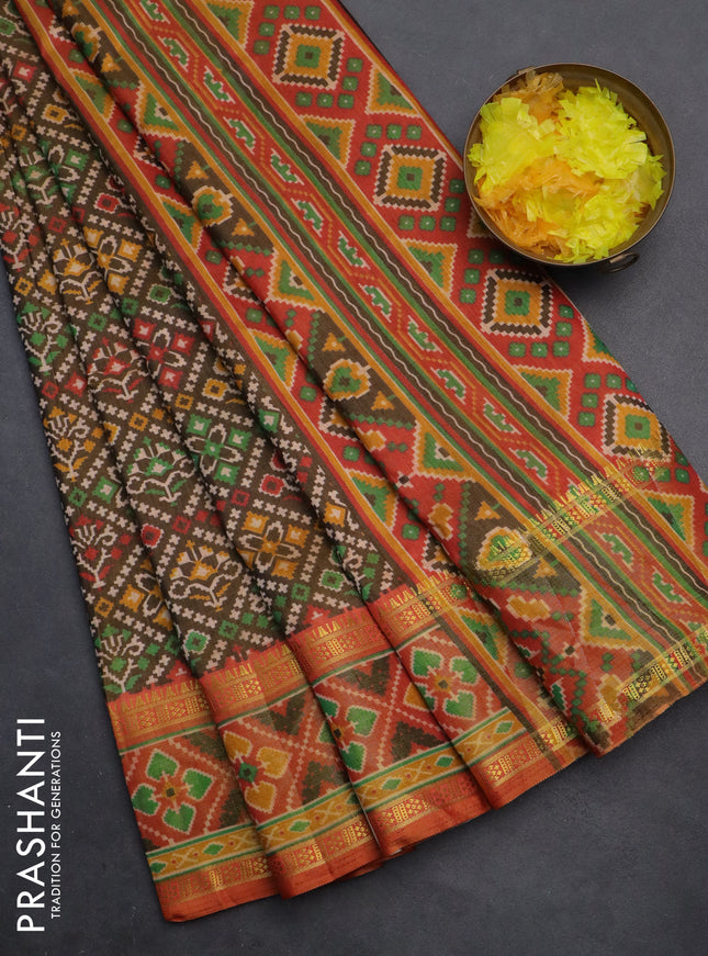 Semi tussar saree brown and red shade with allover ikat prints and zari woven border