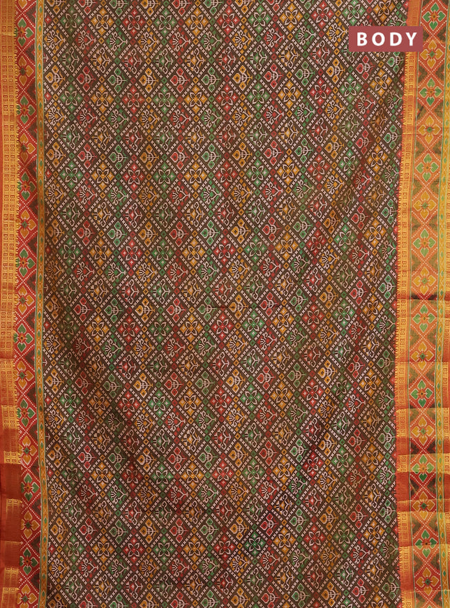 Semi tussar saree brown and red shade with allover ikat prints and zari woven border