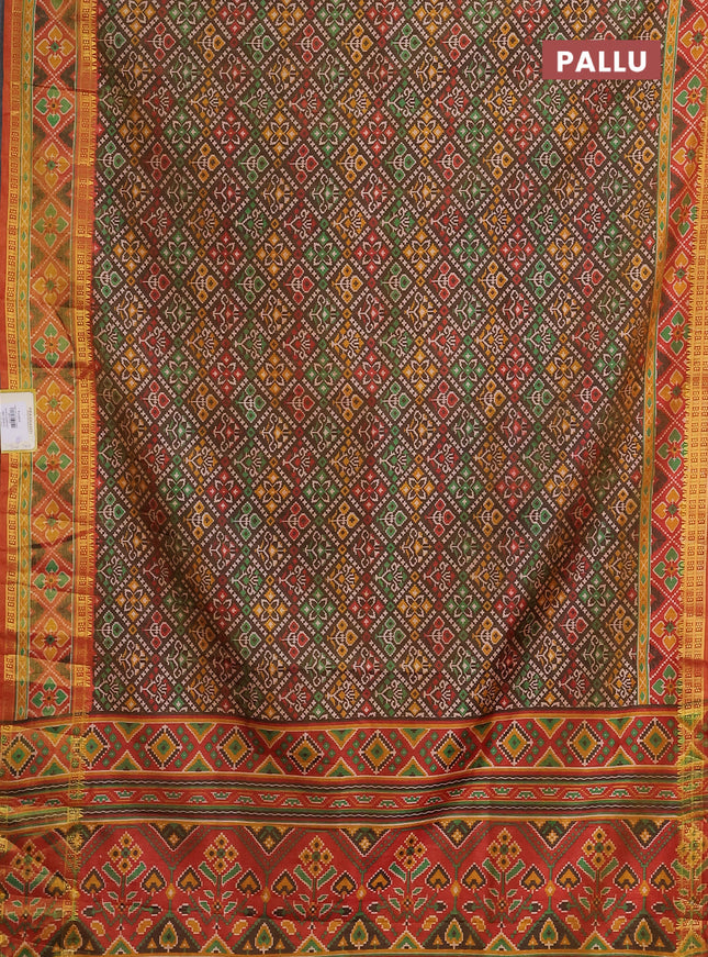 Semi tussar saree brown and red shade with allover ikat prints and zari woven border