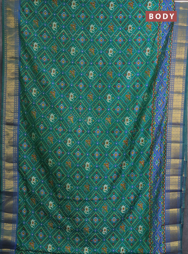 Semi tussar saree dual shade of blue and dual shade of green with allover ikat prints and zari woven border