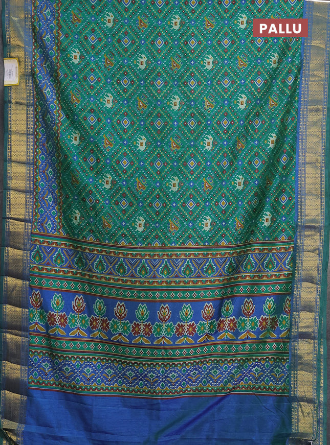 Semi tussar saree dual shade of blue and dual shade of green with allover ikat prints and zari woven border