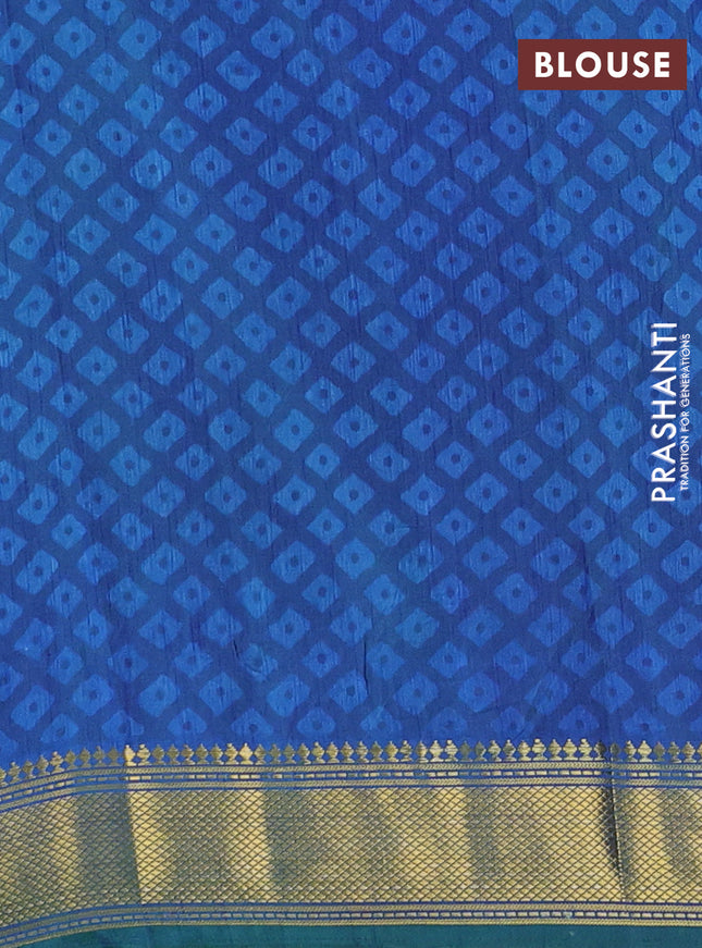 Semi tussar saree cs blue and green with allover ikat prints and zari woven border