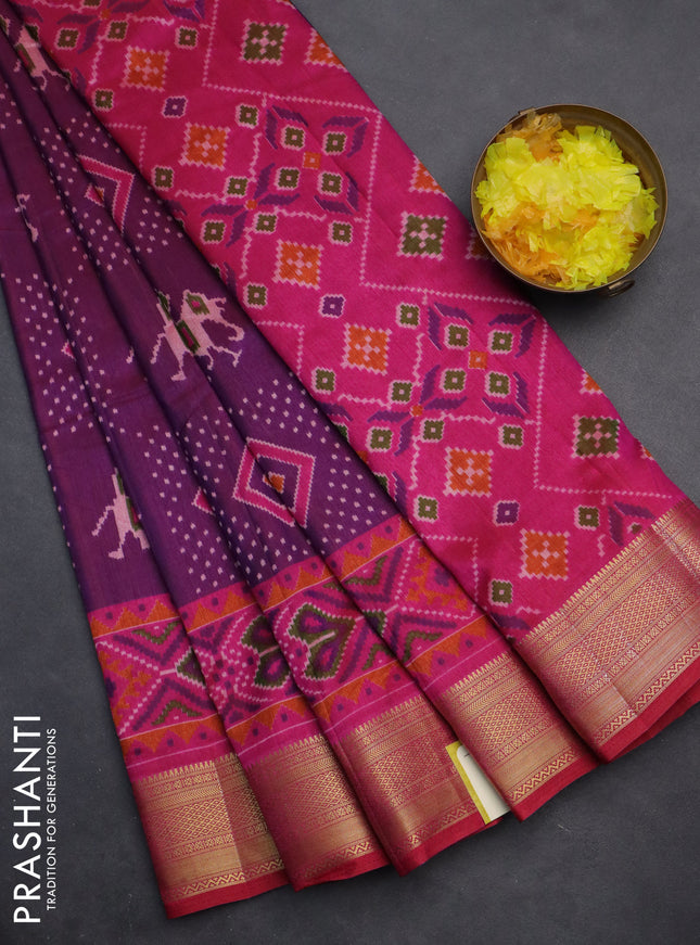 Semi tussar saree purple and pink with allover ikat prints and zari woven border