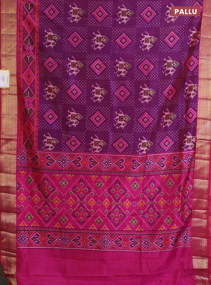 Semi tussar saree purple and pink with allover ikat prints and zari woven border