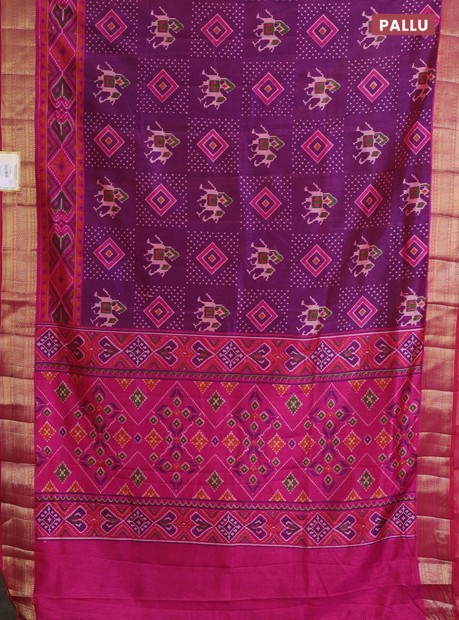 Semi tussar saree purple and pink with allover ikat prints and zari woven border