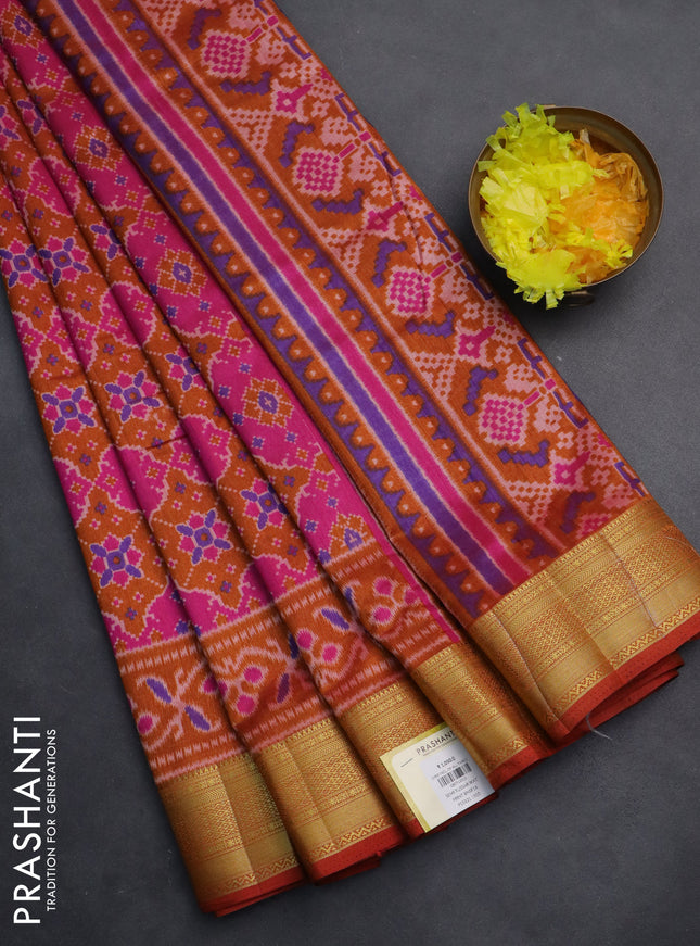 Semi tussar saree pink and rust shade with allover ikat prints and zari woven border