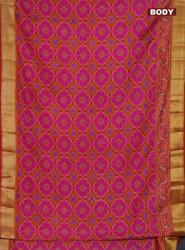 Semi tussar saree pink and rust shade with allover ikat prints and zari woven border