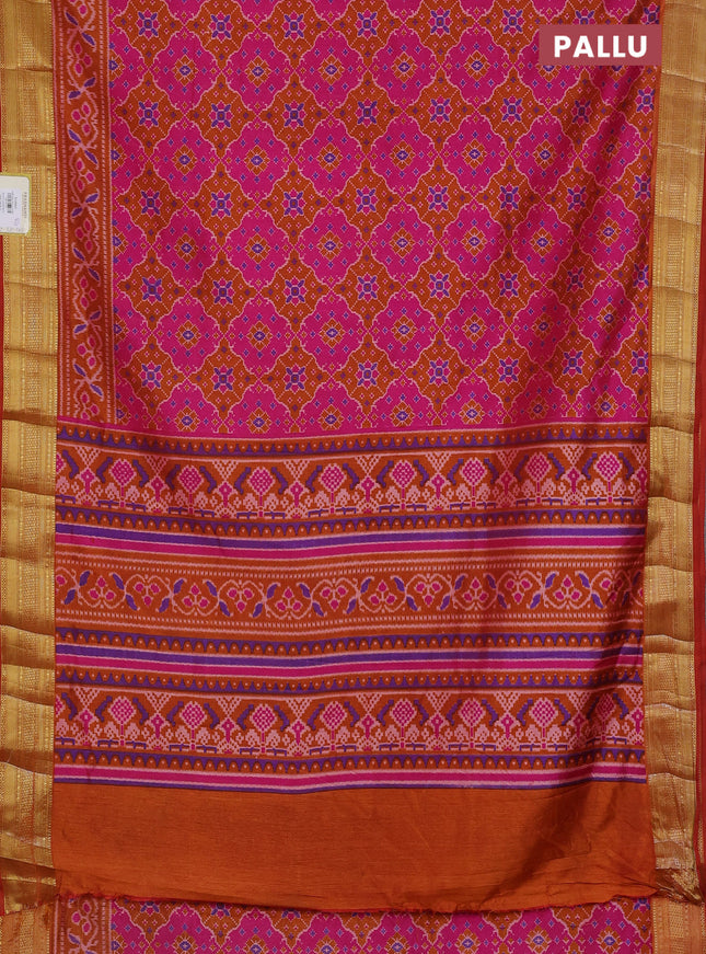 Semi tussar saree pink and rust shade with allover ikat prints and zari woven border