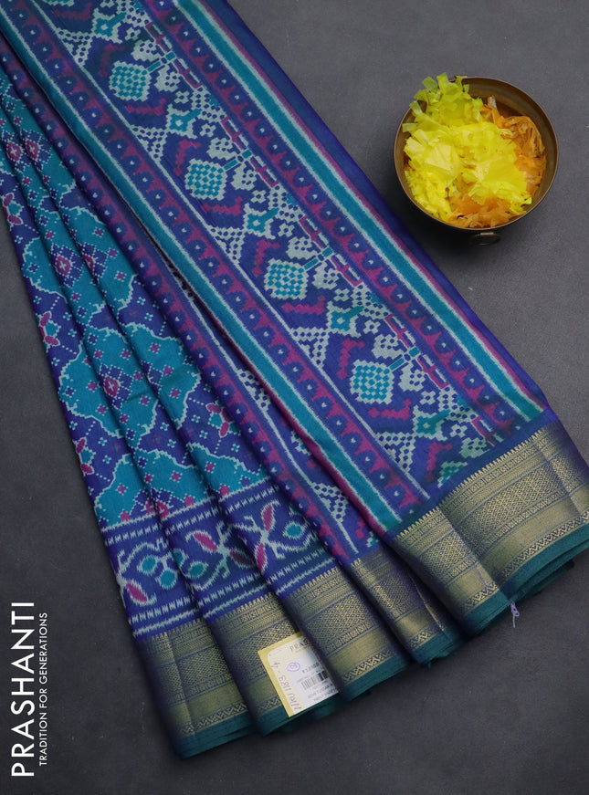 Semi tussar saree teal blue and blue with allover ikat prints and zari woven border