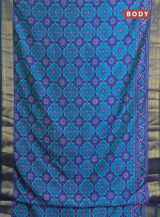 Semi tussar saree teal blue and blue with allover ikat prints and zari woven border