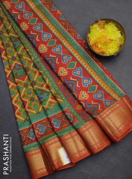 Semi tussar saree mustard yellow and red shade with allover ikat prints and zari woven border