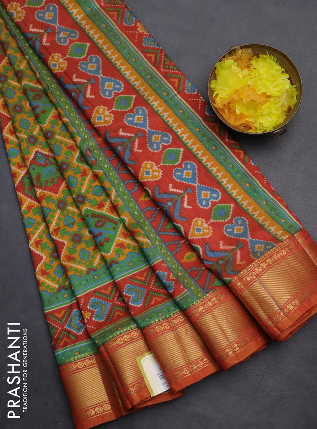 Semi tussar saree mustard yellow and red shade with allover ikat prints and zari woven border