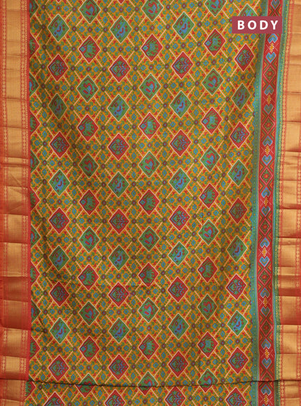 Semi tussar saree mustard yellow and red shade with allover ikat prints and zari woven border