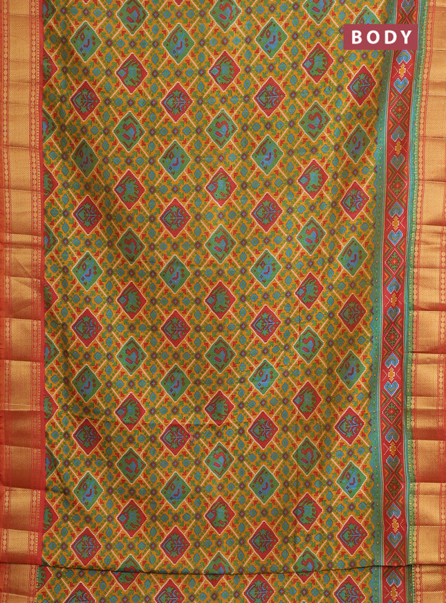 Semi tussar saree mustard yellow and red shade with allover ikat prints and zari woven border