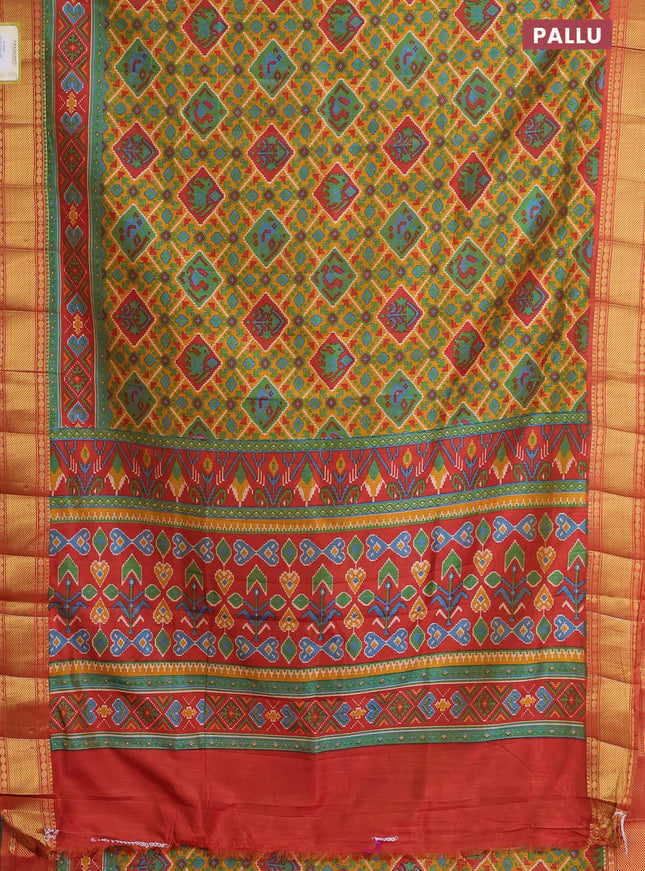 Semi tussar saree mustard yellow and red shade with allover ikat prints and zari woven border