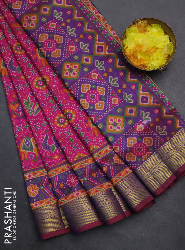 Semi tussar saree pink and violet with allover ikat prints and zari woven border