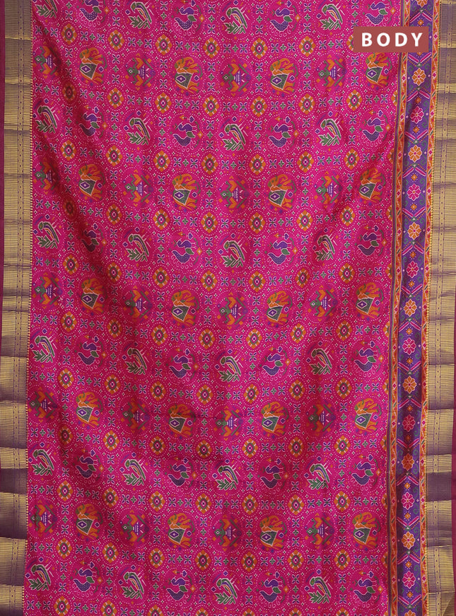 Semi tussar saree pink and violet with allover ikat prints and zari woven border