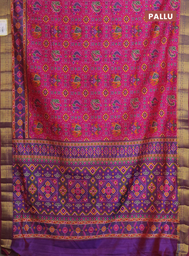 Semi tussar saree pink and violet with allover ikat prints and zari woven border