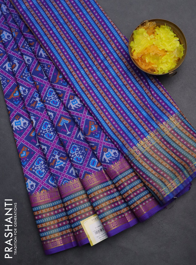 Semi tussar saree blue and purple with allover ikat prints and zari woven border