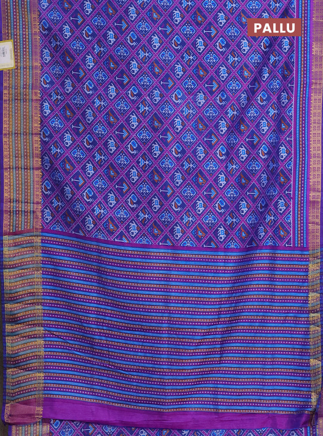 Semi tussar saree blue and purple with allover ikat prints and zari woven border