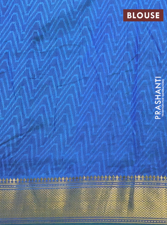Semi tussar saree dual shade of teal and blue with allover ikat prints and zari woven border