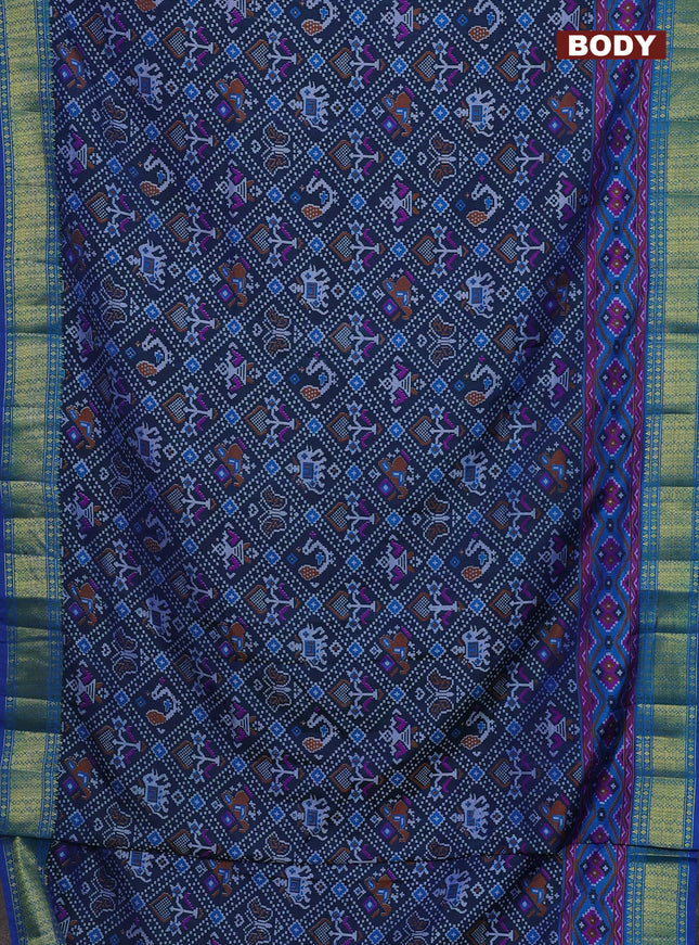Semi tussar saree dual shade of bluish green and cs blue with allover ikat prints and zari woven border