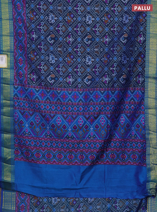 Semi tussar saree dual shade of bluish green and cs blue with allover ikat prints and zari woven border