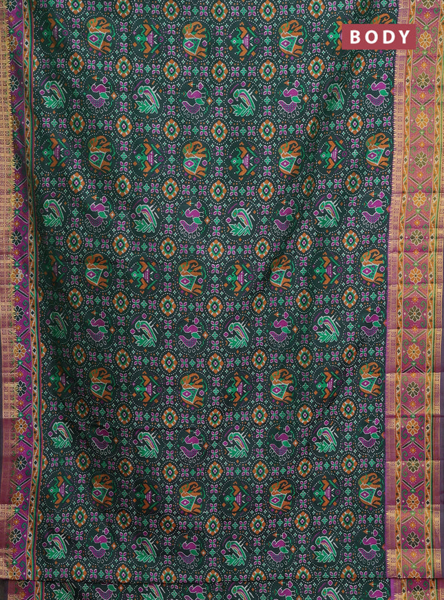 Semi tussar saree dark green and purple with allover ikat prints and zari woven border