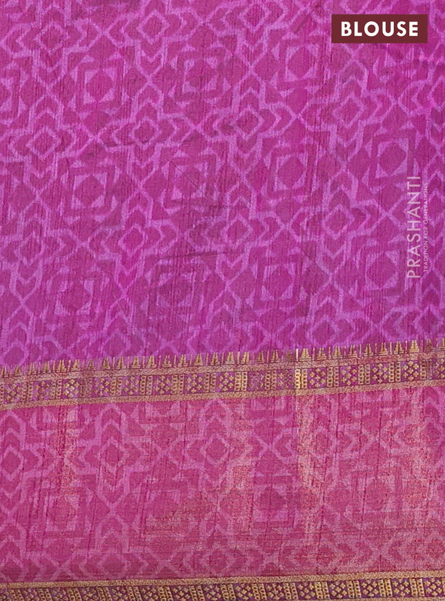 Semi tussar saree dark green and purple with allover ikat prints and zari woven border