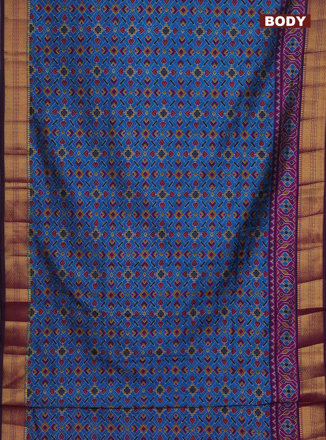 Semi tussar saree cs blue and purple with allover ikat prints and zari woven border