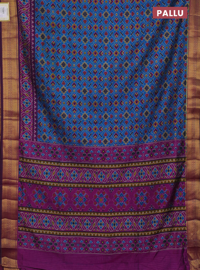 Semi tussar saree cs blue and purple with allover ikat prints and zari woven border