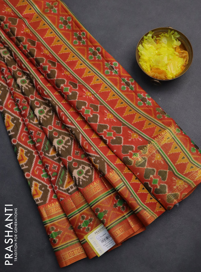 Semi tussar saree brown and red shade with allover ikat prints and zari woven border