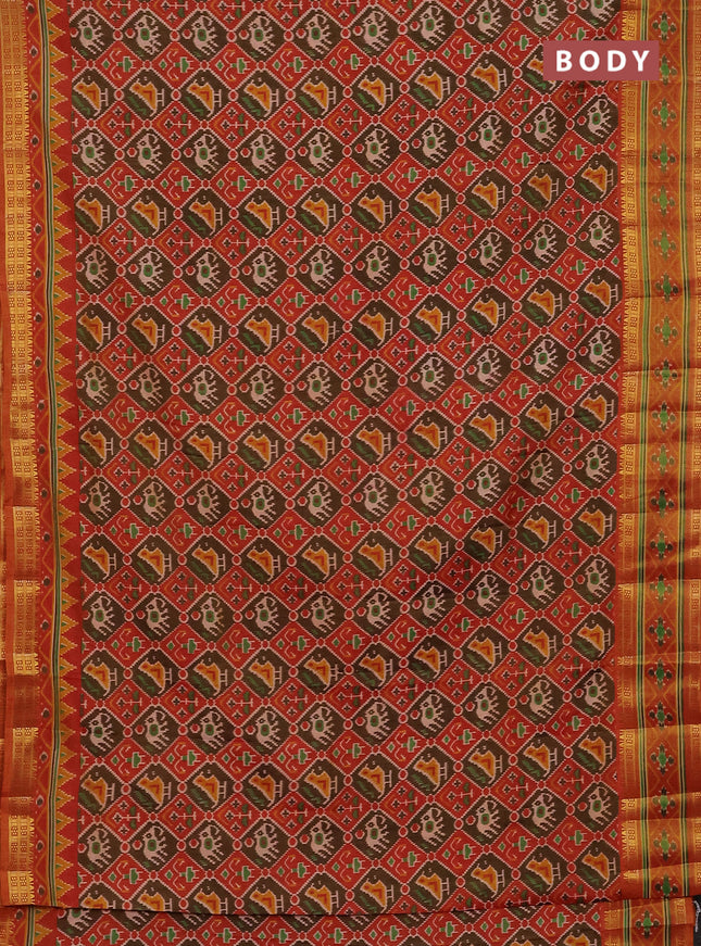 Semi tussar saree brown and red shade with allover ikat prints and zari woven border