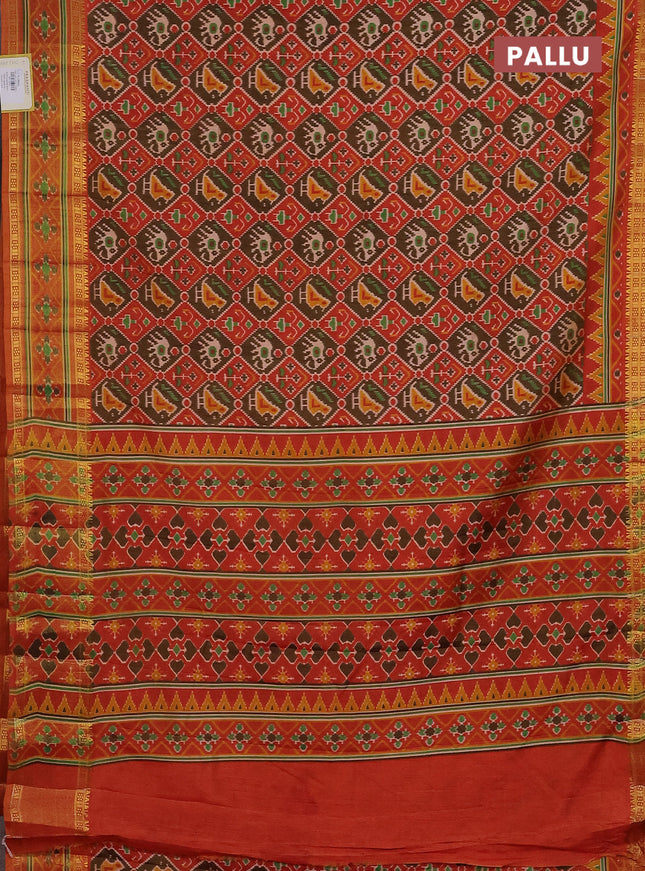 Semi tussar saree brown and red shade with allover ikat prints and zari woven border