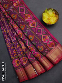 Semi tussar saree purple and reddish pink with allover ikat prints and zari woven border