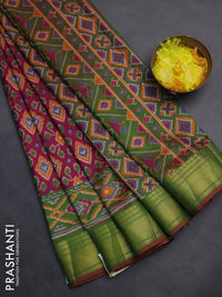 Semi tussar saree dark pink and dual shade of green with allover ikat prints and zari woven border