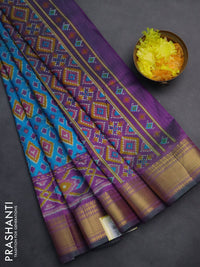 Semi tussar saree cs blue and purple with allover ikat prints and zari woven border