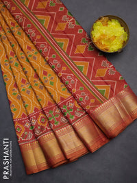 Semi tussar saree mustard yellow and maroon with allover ikat prints and zari woven border