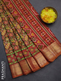 Semi tussar saree brown and maroon with allover ikat prints and zari woven border