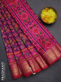 Semi tussar saree purple and pink with allover ikat prints and zari woven border