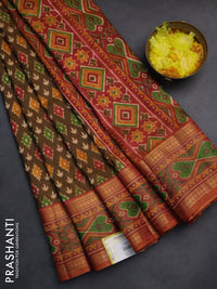 Semi tussar saree brown and maroon with allover ikat prints and zari woven border